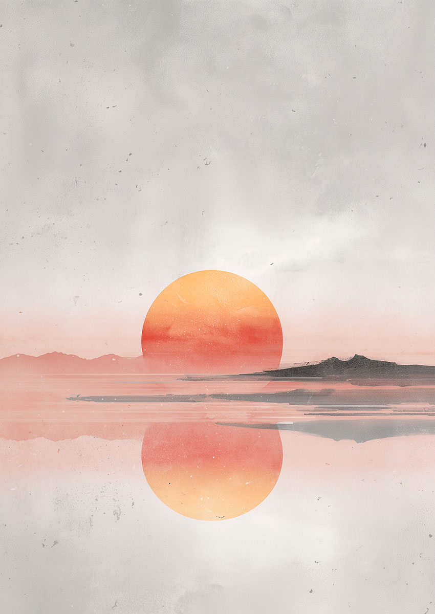 Dramatic artwork of an orange sun setting over mountains with a calm reflective sea surface.